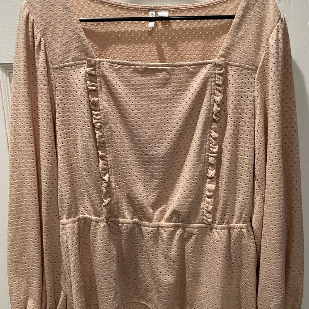 Beige Long Sleeve Blouse with Ruffle Detail, grannycore, Size Large